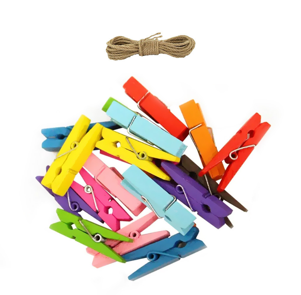 Coloured Wooden Clips - Pack of 20 (Includes Jute String)