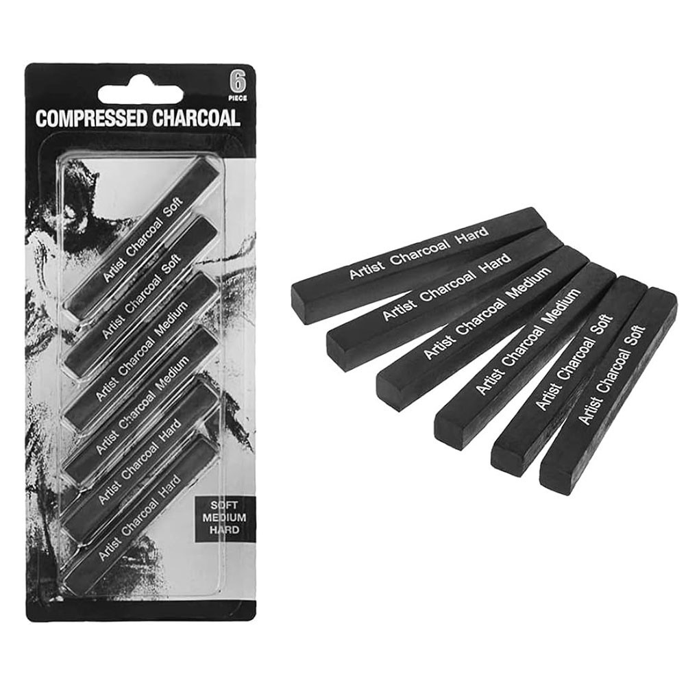 Compressed Charcoal Sticks - Soft, Medium, Hard, Pack of 6