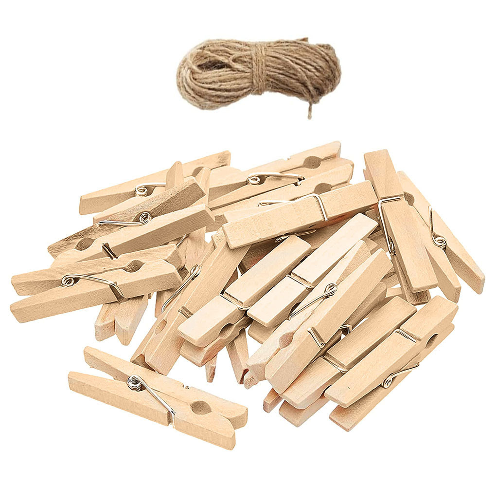 Wooden Clips, Pack of 20, Includes Jute String